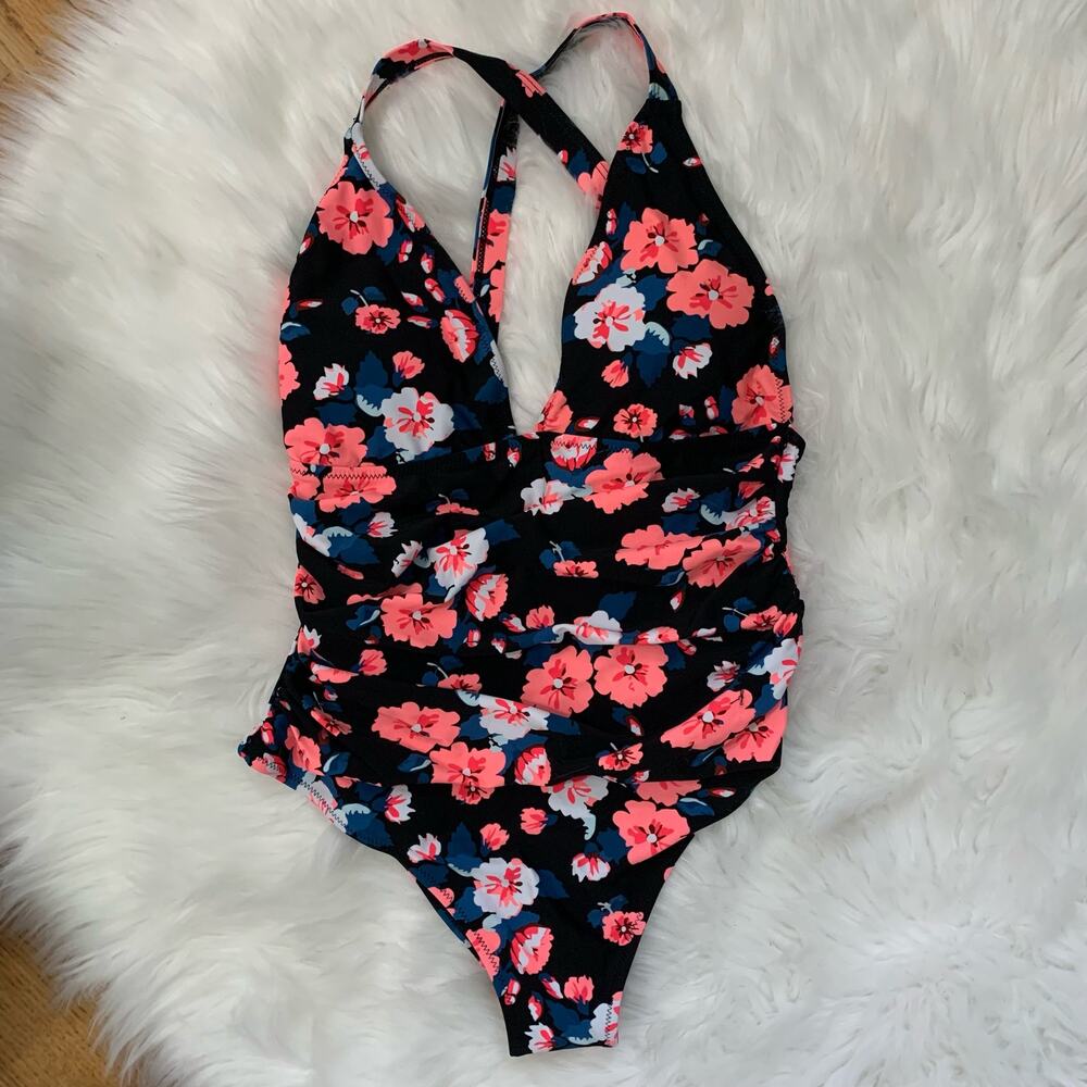 Cupshe Black One-Piece Swimsuit with Pink & Blue Floral Print